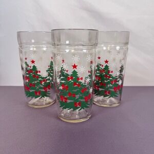 Set of 3 Vintage Christmas Tree Glasses Tumblers Red Bow Star Snowflakes
